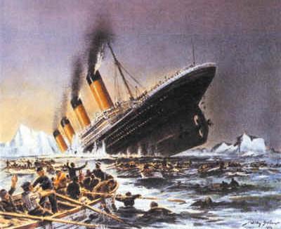 Painting of the Titanic sinking after striking a berg